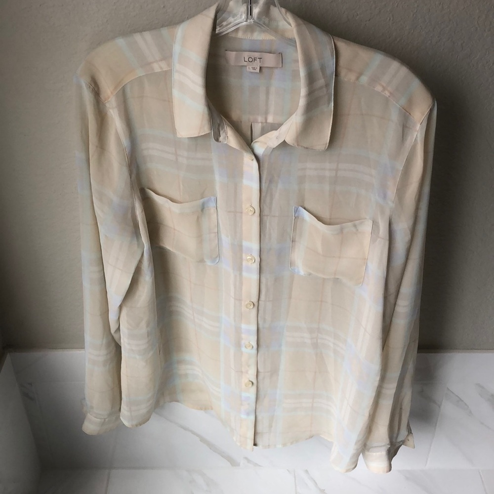 Loft Size L Sheer Plaid Button Down Shirt